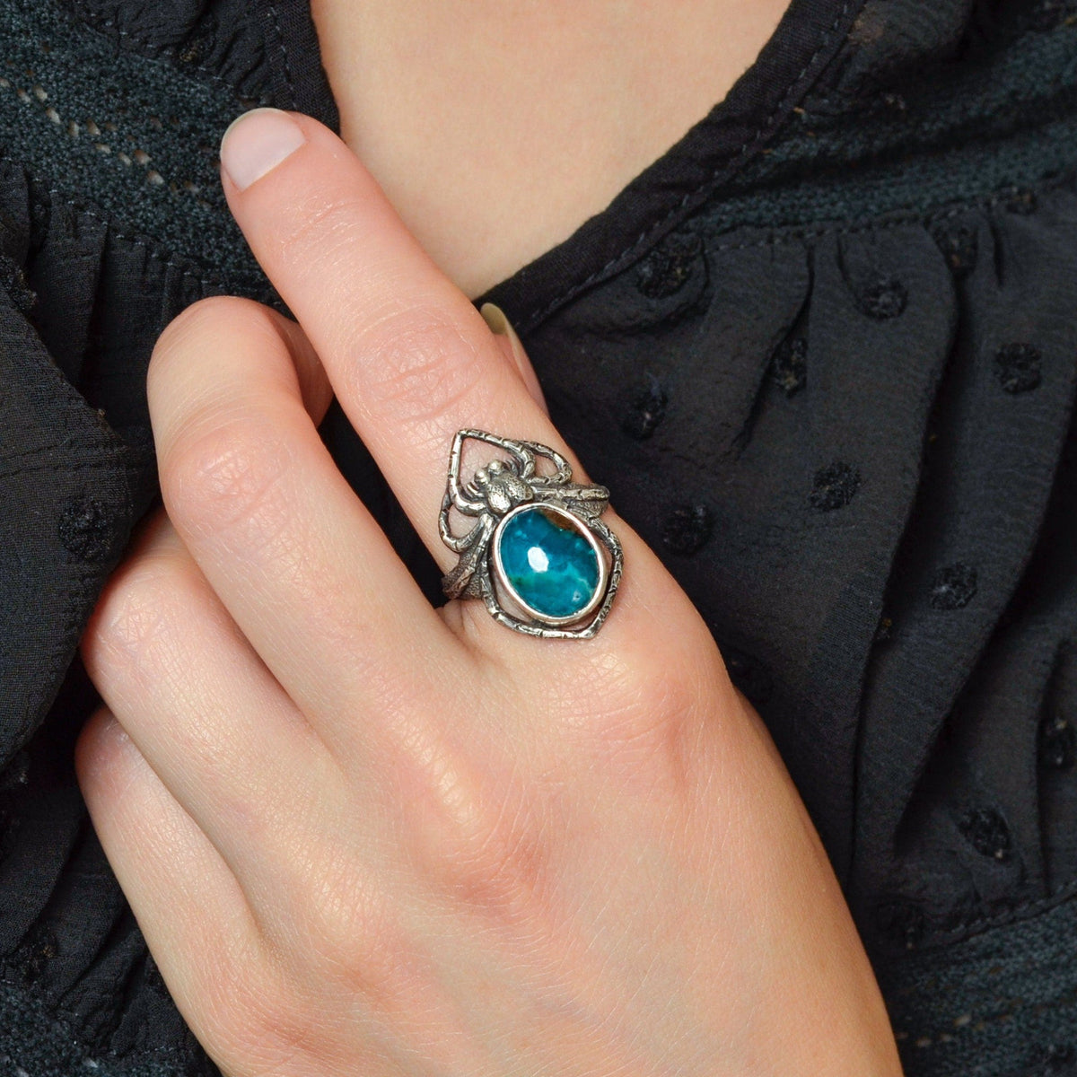 Art Nouveau Style Reproduction Silver and Chrysocolla Spider Ring of Sterling Silver - Trademark Antiques