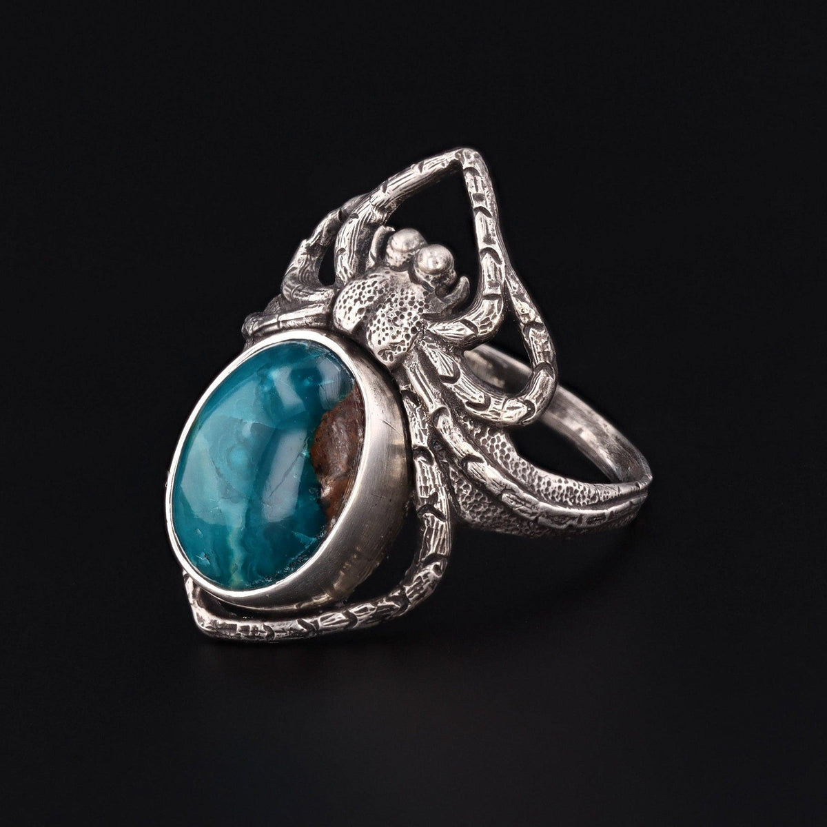 Art Nouveau Style Reproduction Silver and Chrysocolla Spider Ring of Sterling Silver - Trademark Antiques