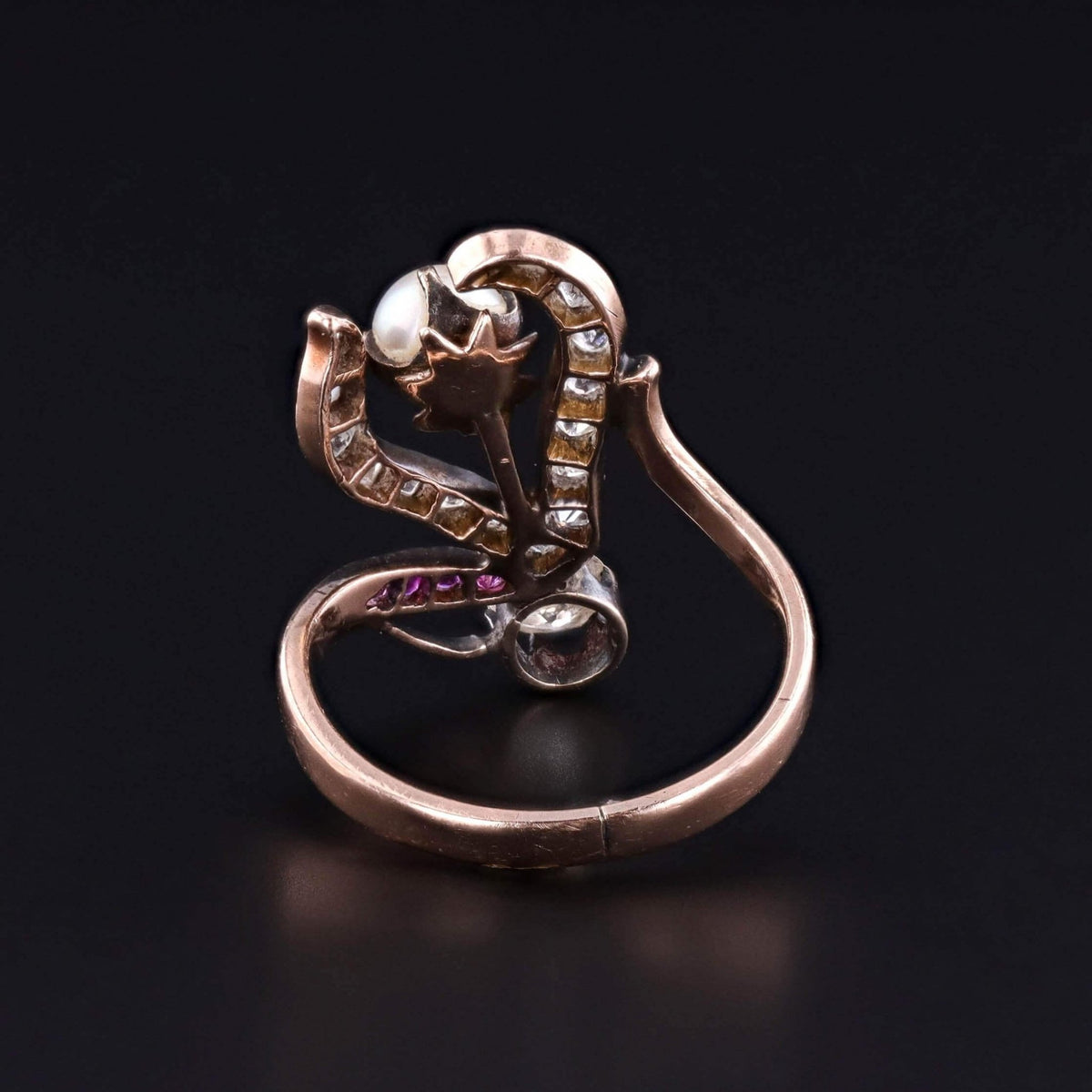 Art Nouveau Stylized Flower Ring of 10k Rose Gold - Trademark Antiques