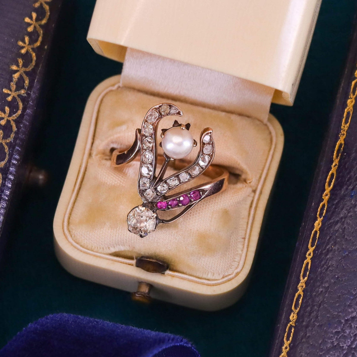 Art Nouveau Stylized Flower Ring of 10k Rose Gold - Trademark Antiques