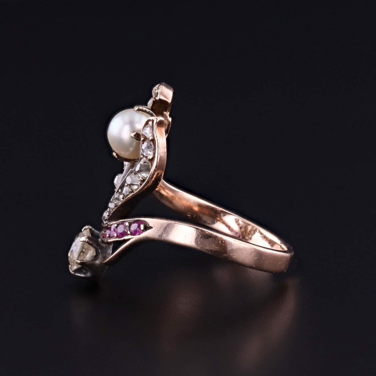 Art Nouveau Stylized Flower Ring of 10k Rose Gold - Trademark Antiques