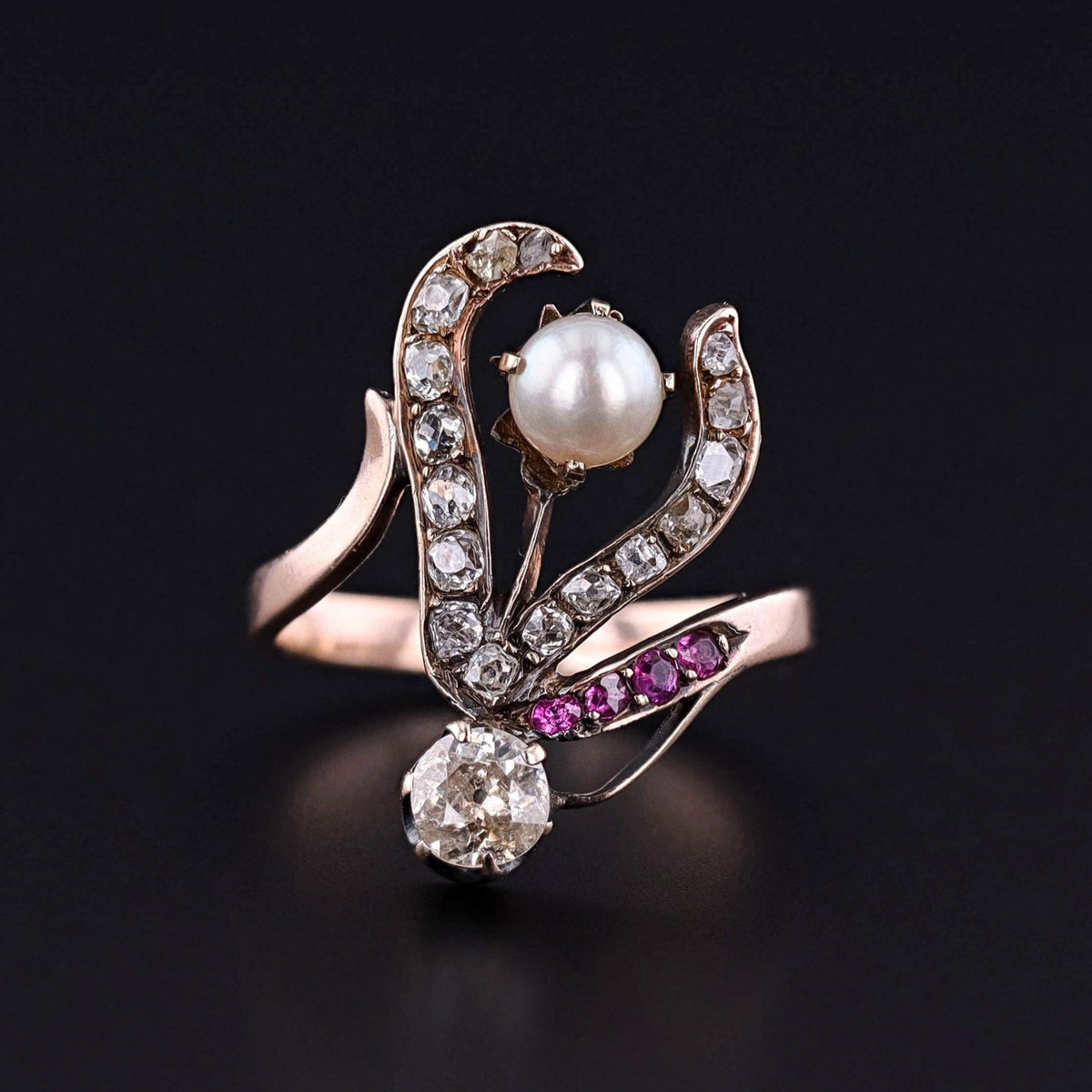 Art Nouveau Stylized Flower Ring of 10k Rose Gold - Trademark Antiques