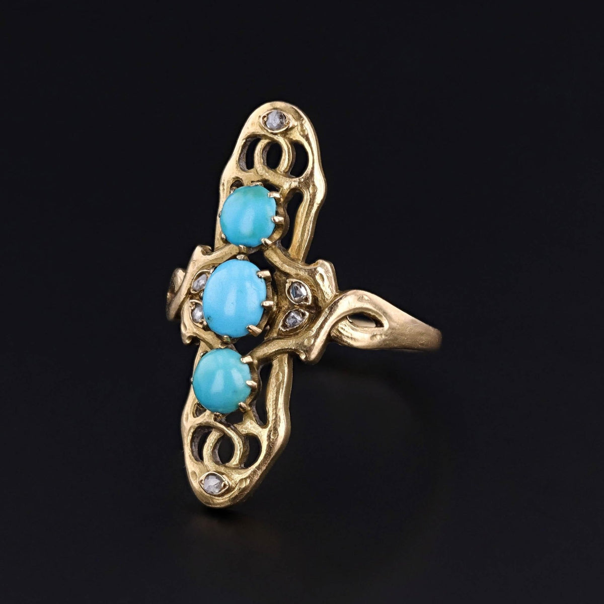 Art Nouveau Turquoise and Diamond Ring of 18k Gold - Trademark Antiques