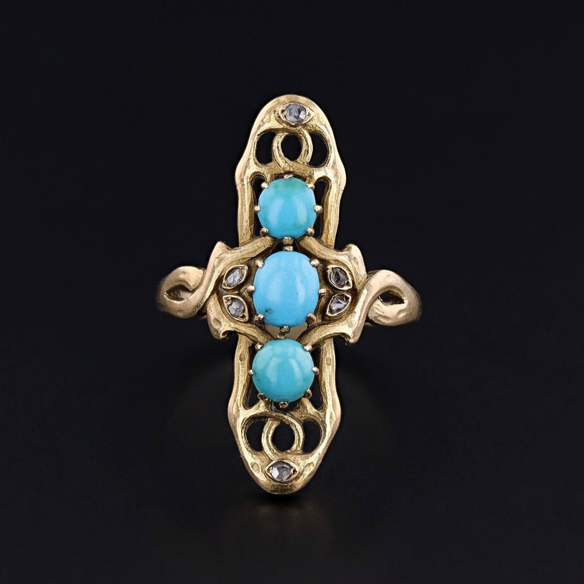 Art Nouveau Turquoise and Diamond Ring of 18k Gold - Trademark Antiques