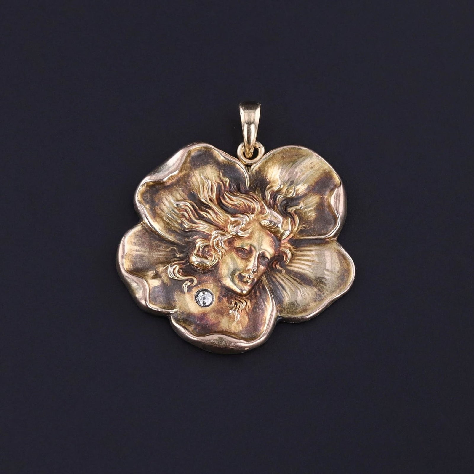 Art Nouveau Woman in Flower Pendant of 10k Gold - Trademark Antiques