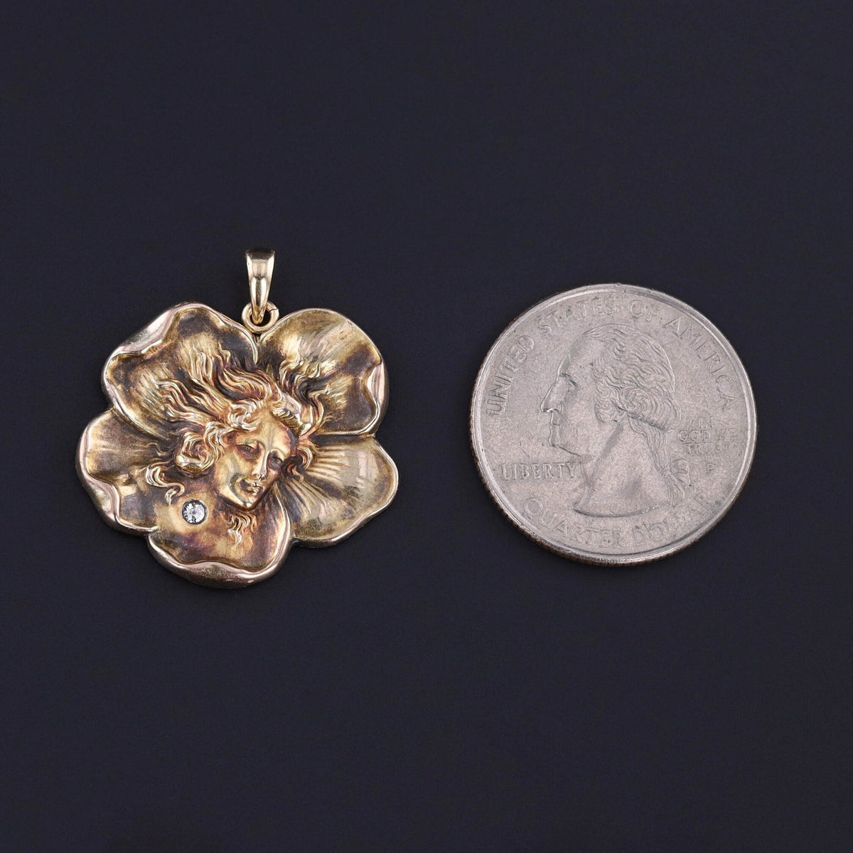 Art Nouveau Woman in Flower Pendant of 10k Gold - Trademark Antiques