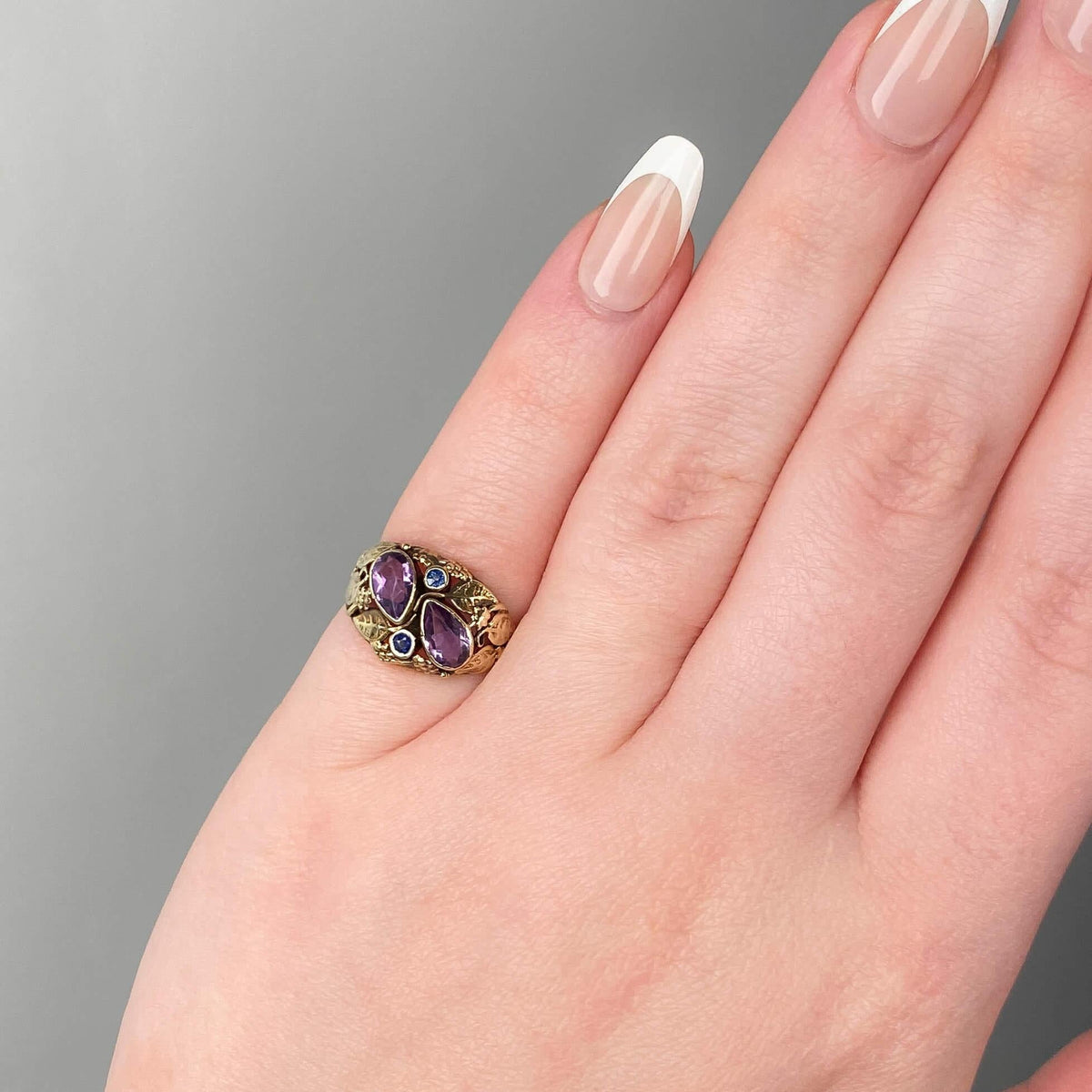 Arts and Crafts Amethyst and Sapphire Ring of 14k Gold - Trademark Antiques