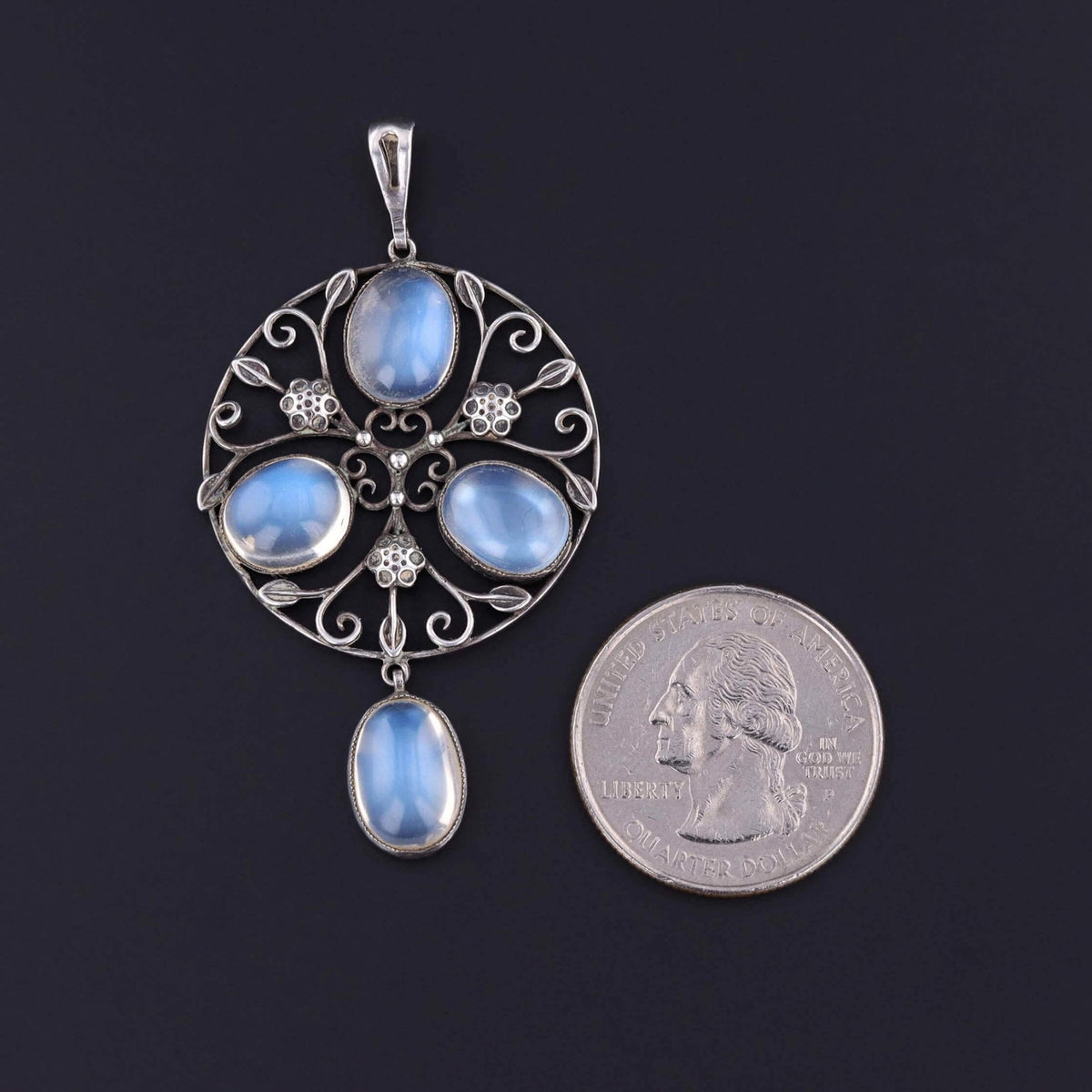 Arts and Crafts Moonstone Pendant of Silver - Trademark Antiques
