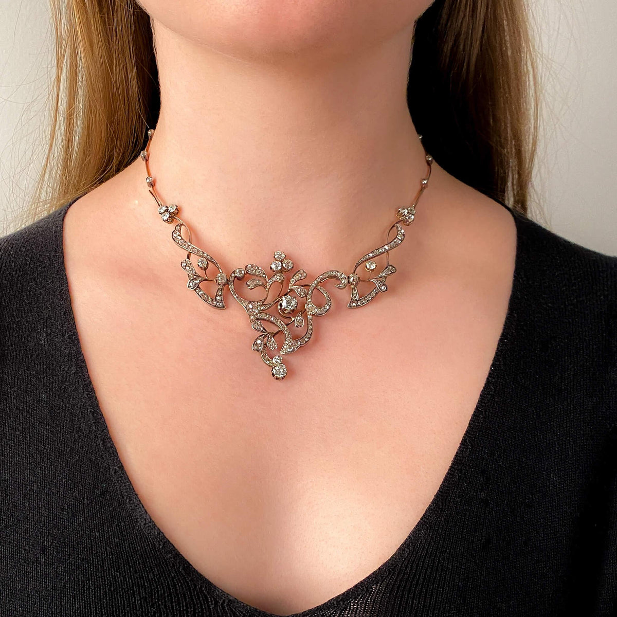 Belle Epoque Convertible Diamond Necklace of 18k Gold and Silver - Trademark Antiques