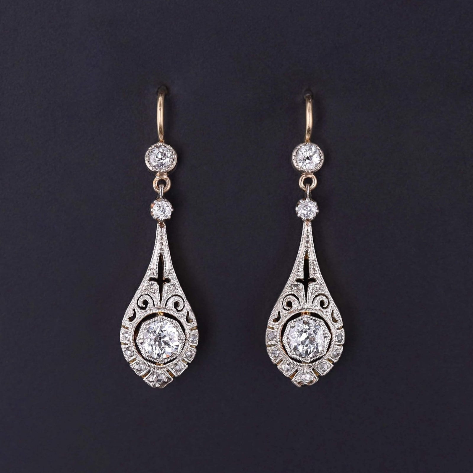 Belle Epoque Diamond Earrings of Platinum and 14k Gold - Trademark Antiques