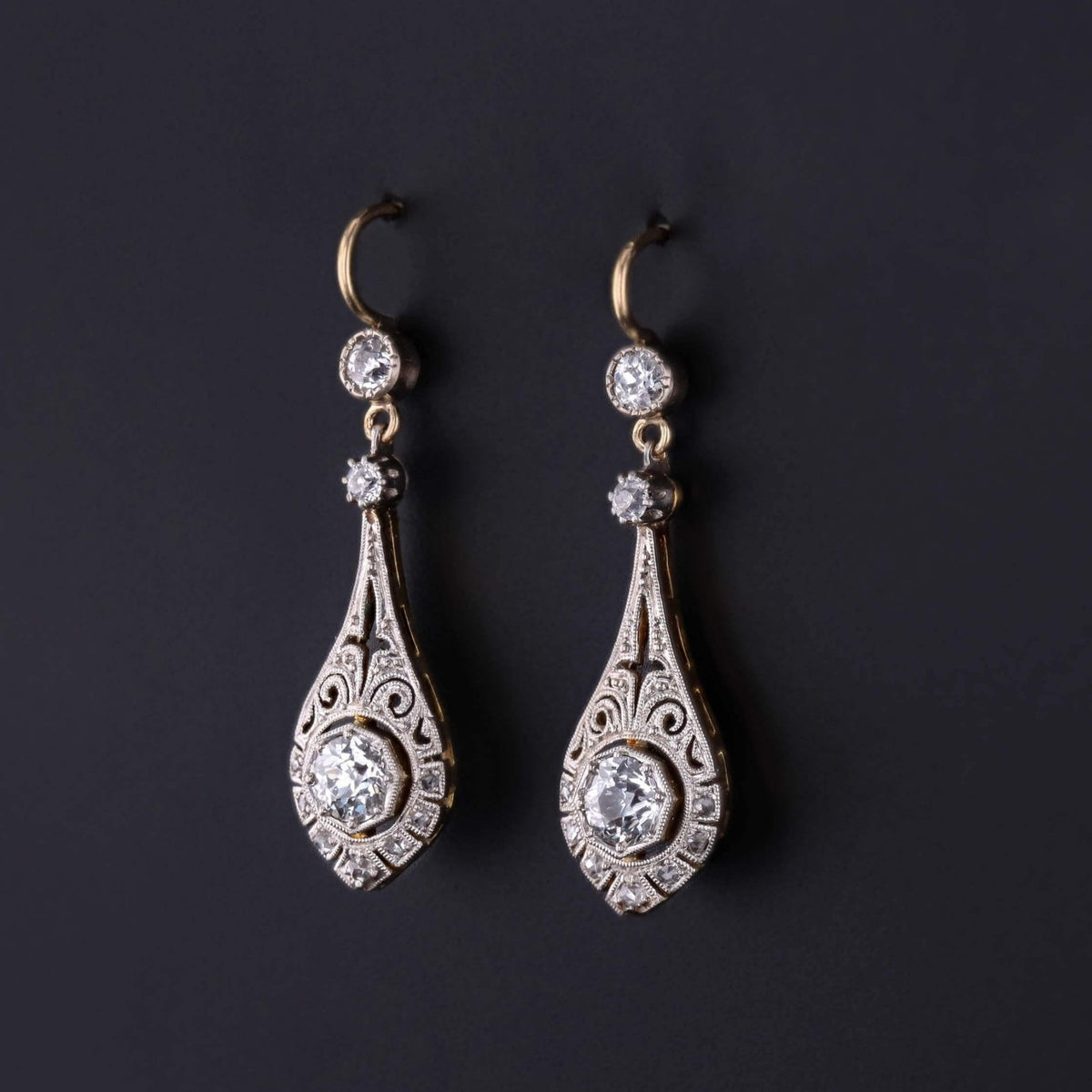 Belle Epoque Diamond Earrings of Platinum and 14k Gold - Trademark Antiques