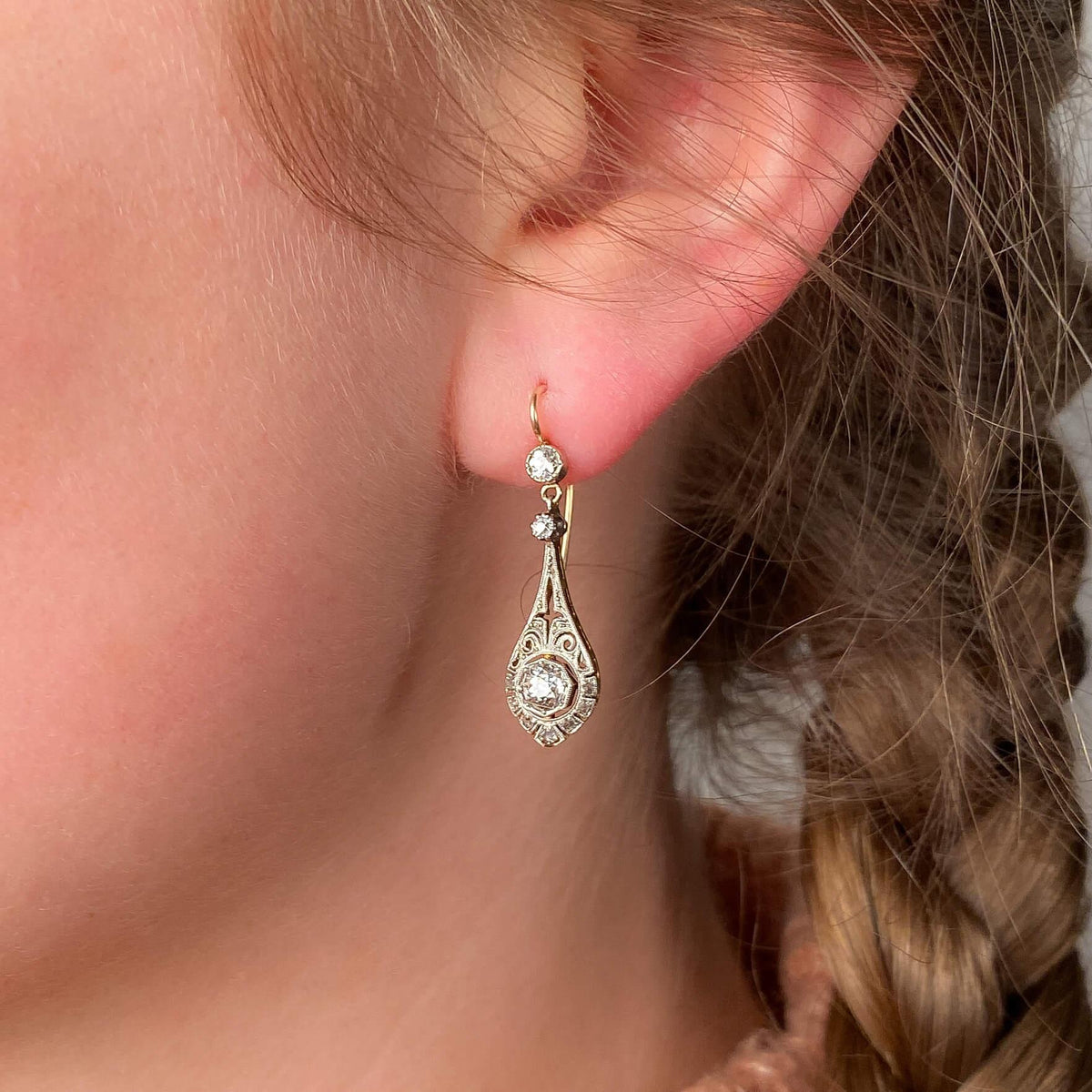 Belle Epoque Diamond Earrings of Platinum and 14k Gold - Trademark Antiques