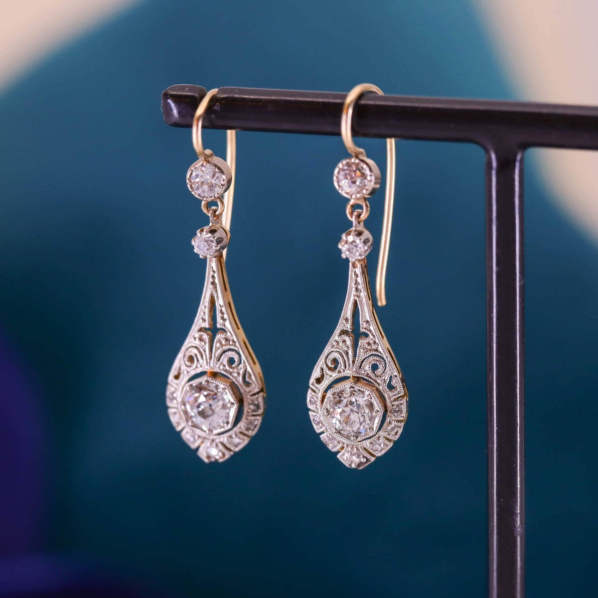 Belle Epoque Diamond Earrings of Platinum and 14k Gold - Trademark Antiques