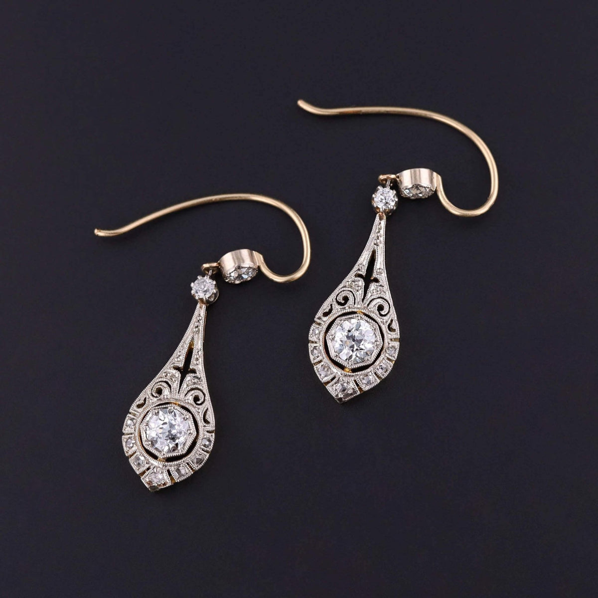 Belle Epoque Diamond Earrings of Platinum and 14k Gold - Trademark Antiques