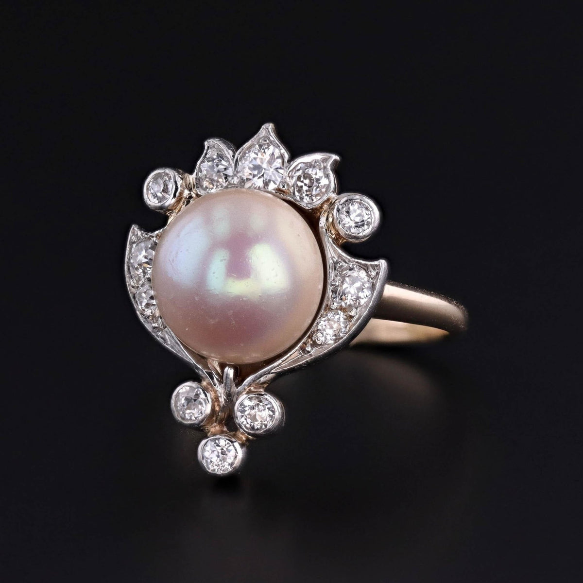 Belle Epoque Pearl and Old Cut Diamond Ring of Platinum and 12k Gold - Trademark Antiques