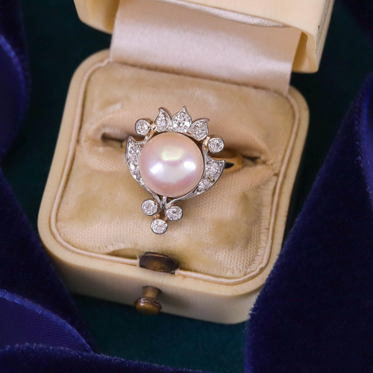 Belle Epoque Pearl and Old Cut Diamond Ring of Platinum and 12k Gold - Trademark Antiques