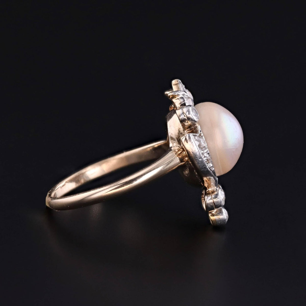 Belle Epoque Pearl and Old Cut Diamond Ring of Platinum and 12k Gold - Trademark Antiques