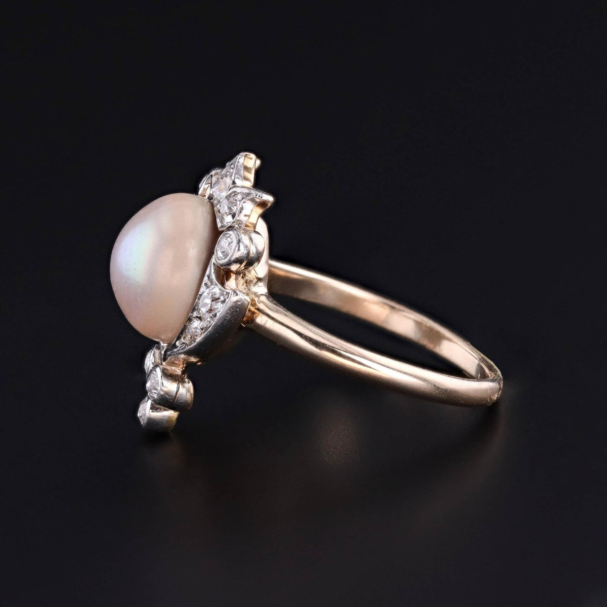 Belle Epoque Pearl and Old Cut Diamond Ring of Platinum and 12k Gold - Trademark Antiques