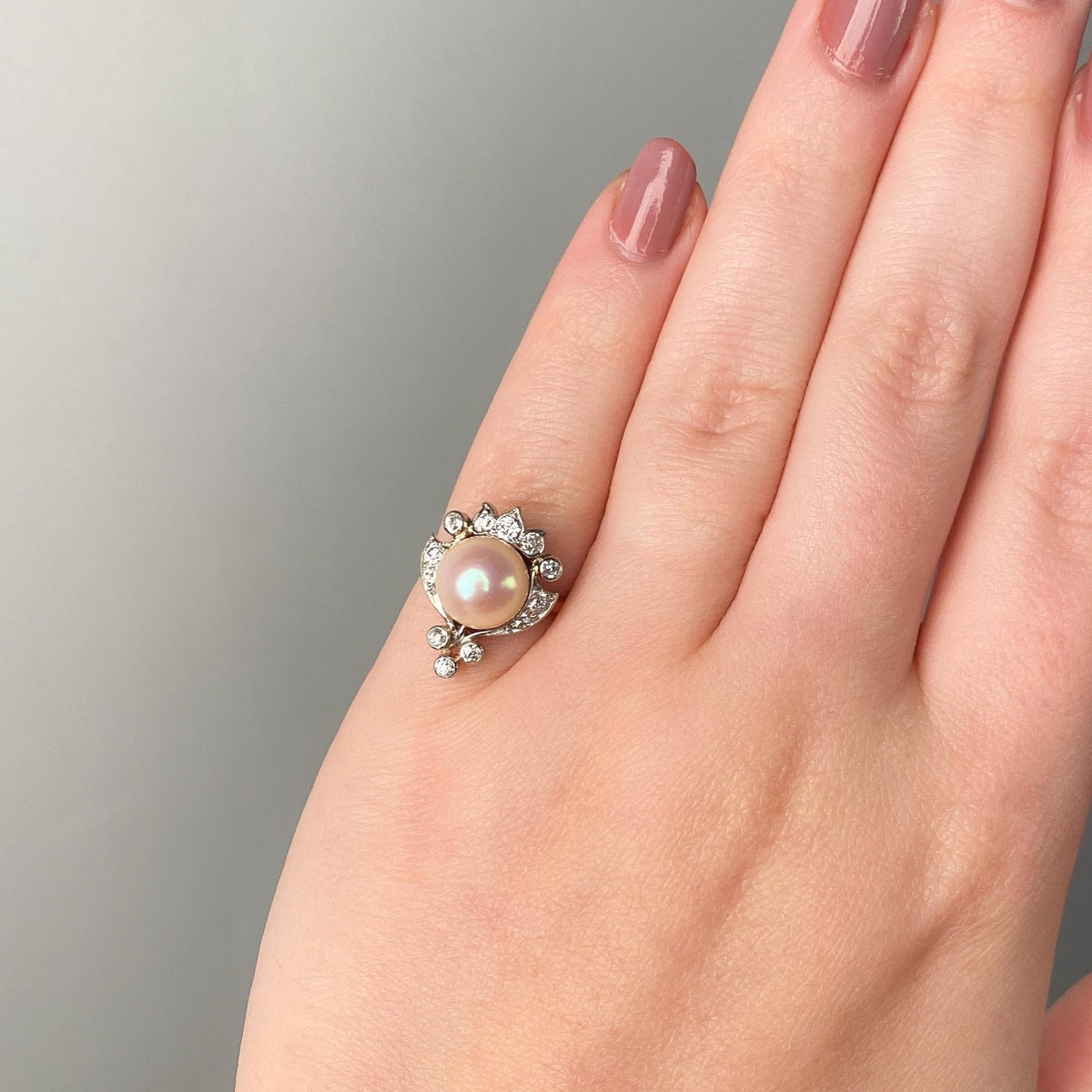 Belle Epoque Pearl and Old Cut Diamond Ring of Platinum and 12k Gold - Trademark Antiques