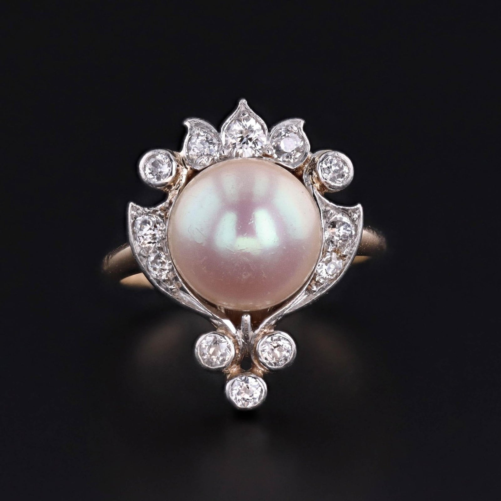 Belle Epoque Pearl and Old Cut Diamond Ring of Platinum and 12k Gold - Trademark Antiques