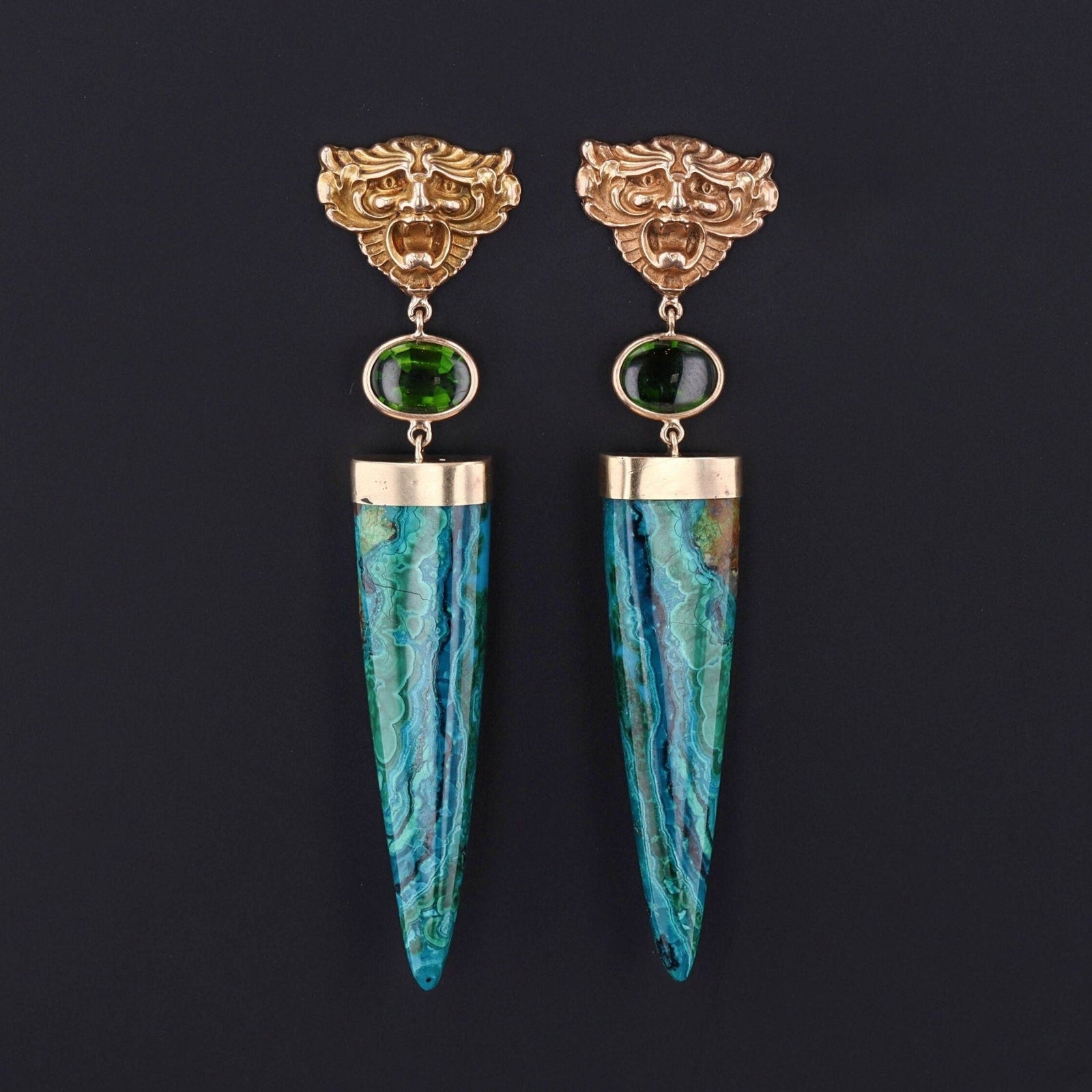 Chrysocolla and Green Tourmaline Greenman Earrings of 14k Gold - Trademark Antiques