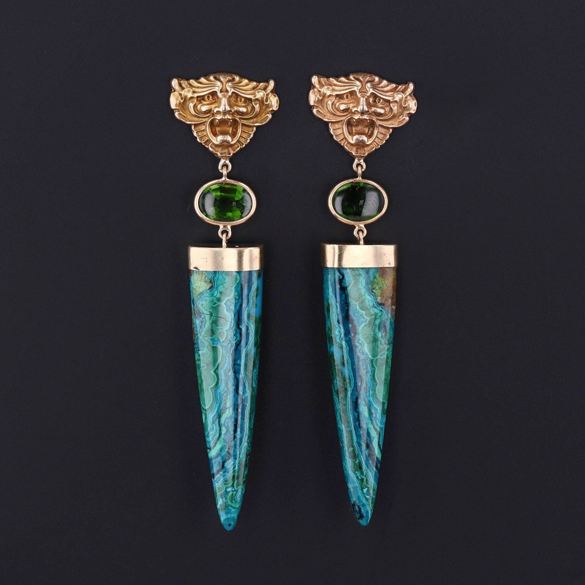 Chrysocolla and Green Tourmaline Greenman Earrings of 14k Gold - Trademark Antiques