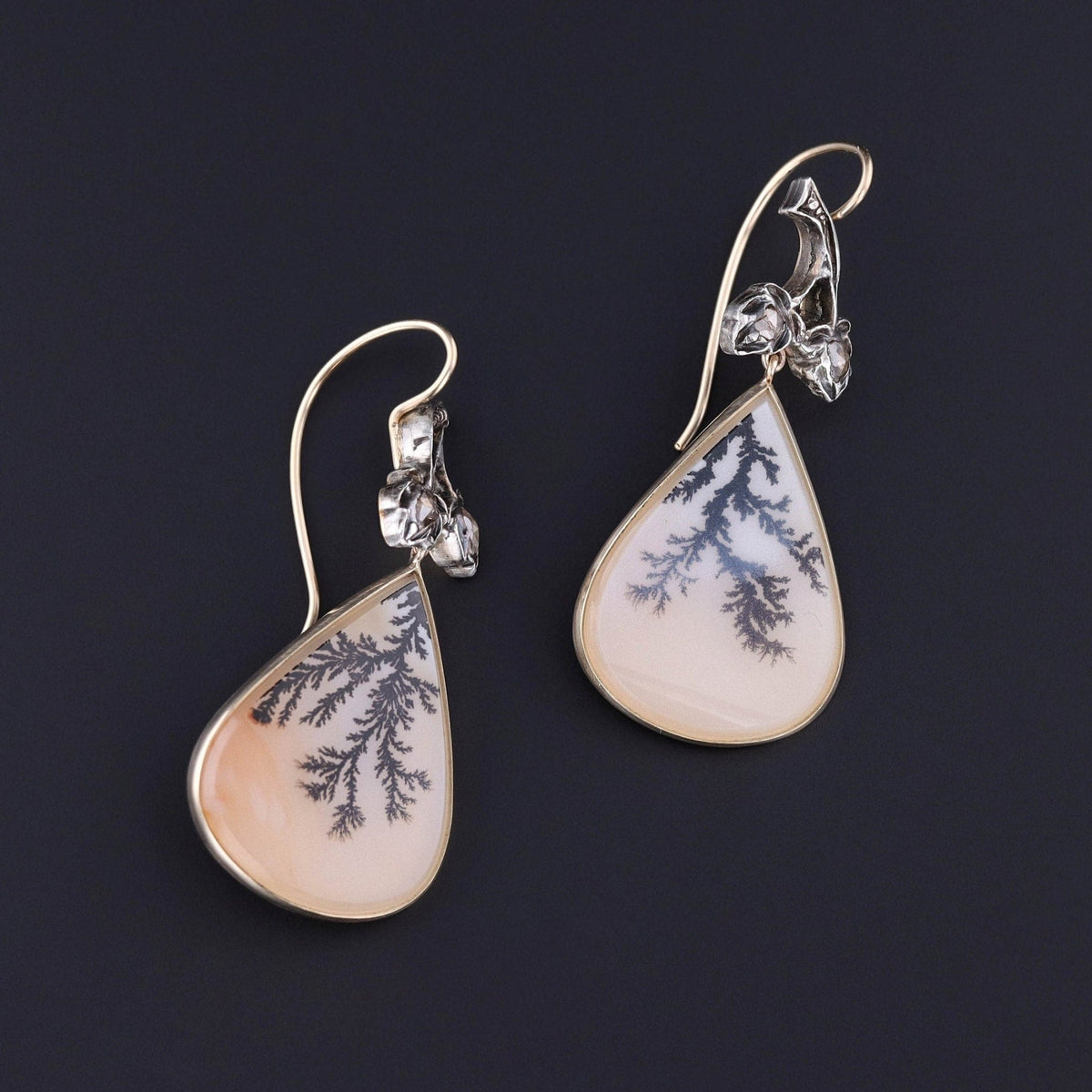 Dendritic Agate and Diamond Earrings of 14k Gold - Trademark Antiques