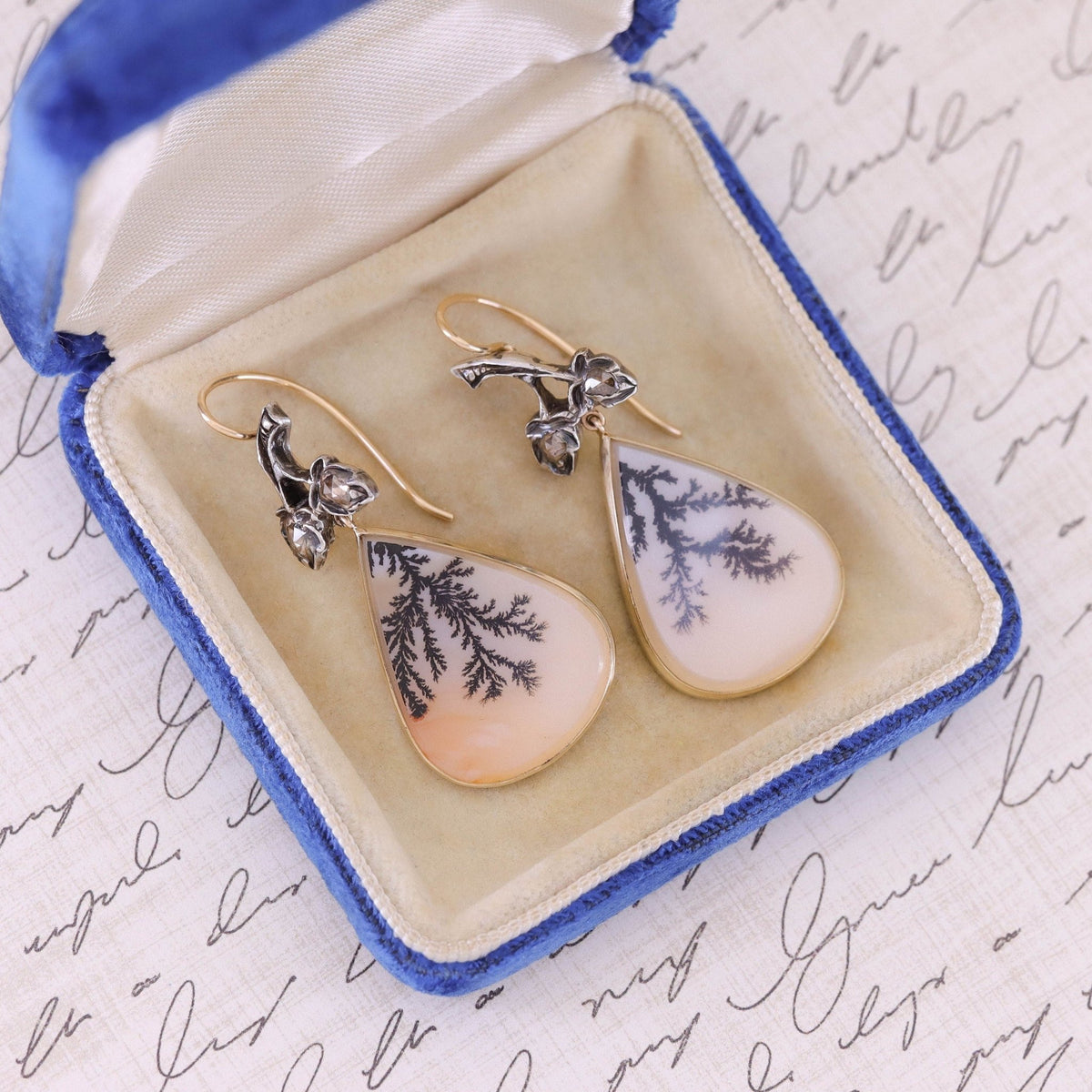 Dendritic Agate and Diamond Earrings of 14k Gold - Trademark Antiques