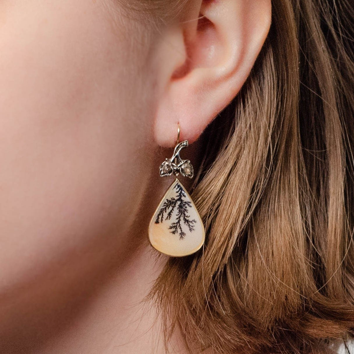 Dendritic Agate and Diamond Earrings of 14k Gold - Trademark Antiques