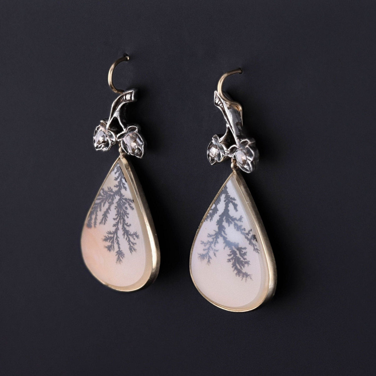 Dendritic Agate and Diamond Earrings of 14k Gold - Trademark Antiques