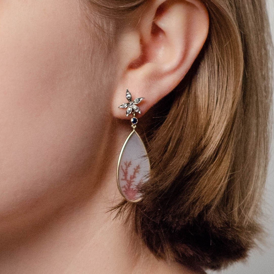 Dendritic Agate and Diamond Flower Earrings of 14k Gold - Trademark Antiques