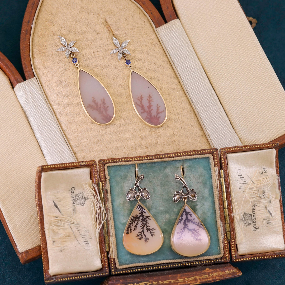Dendritic Agate and Diamond Flower Earrings of 14k Gold - Trademark Antiques