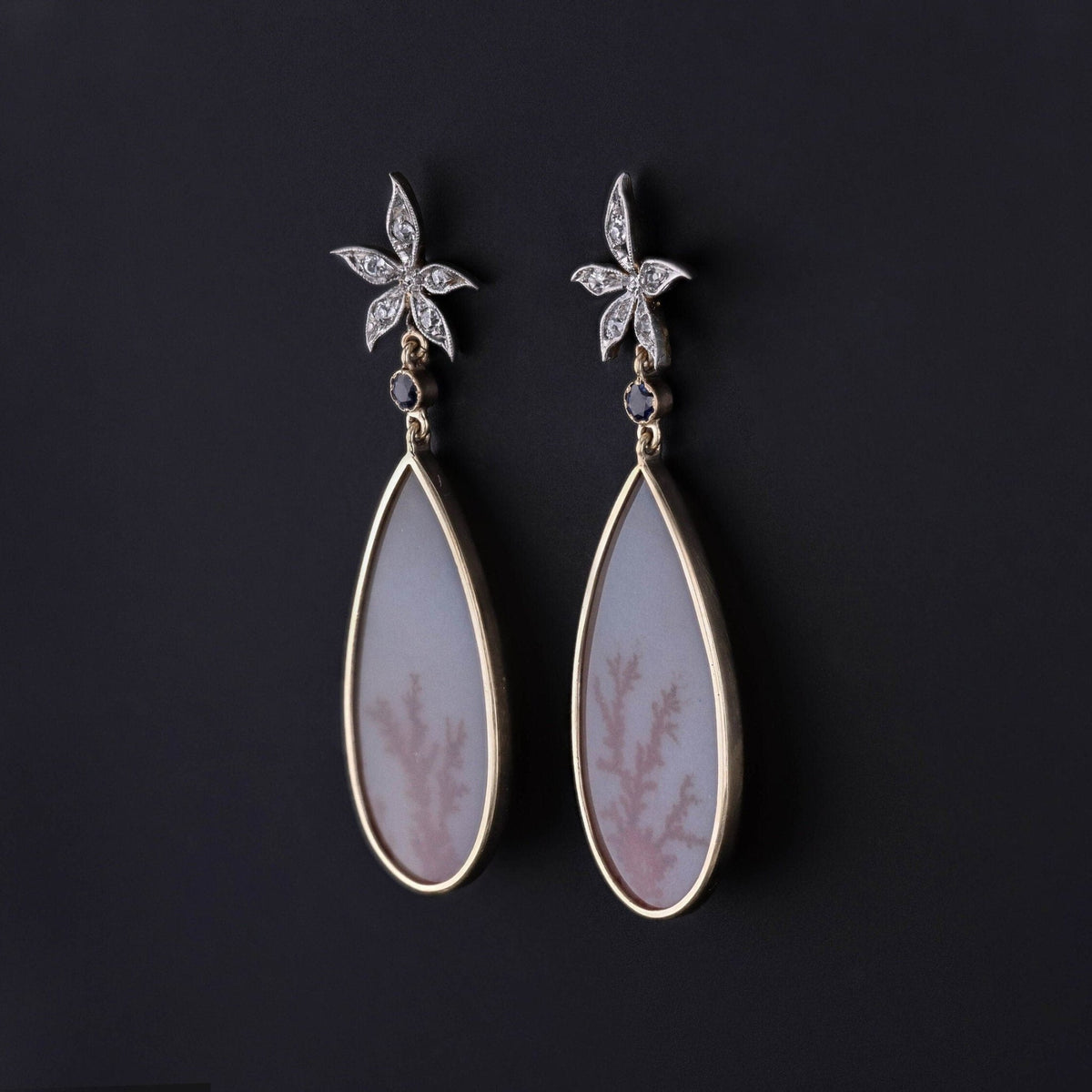 Dendritic Agate and Diamond Flower Earrings of 14k Gold - Trademark Antiques