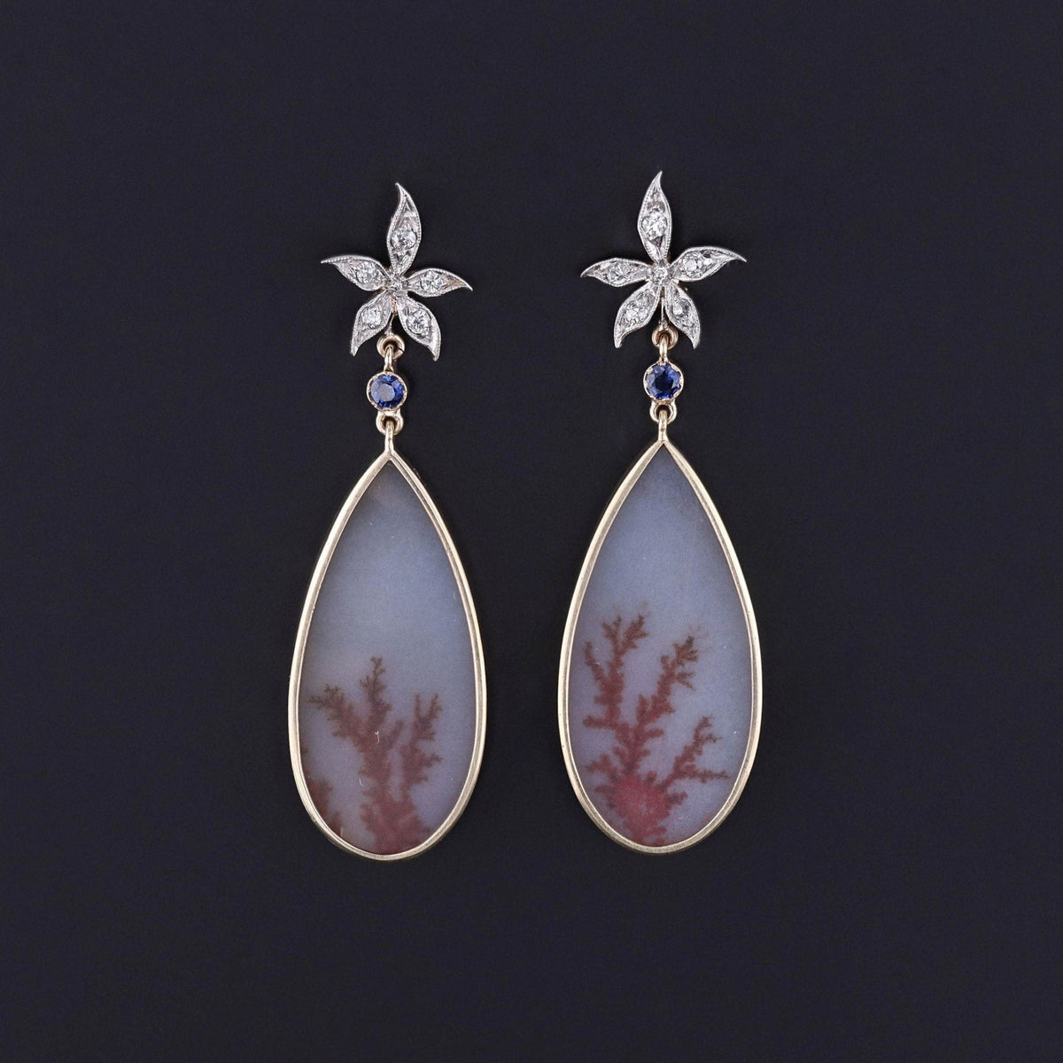 Dendritic Agate and Diamond Flower Earrings of 14k Gold - Trademark Antiques