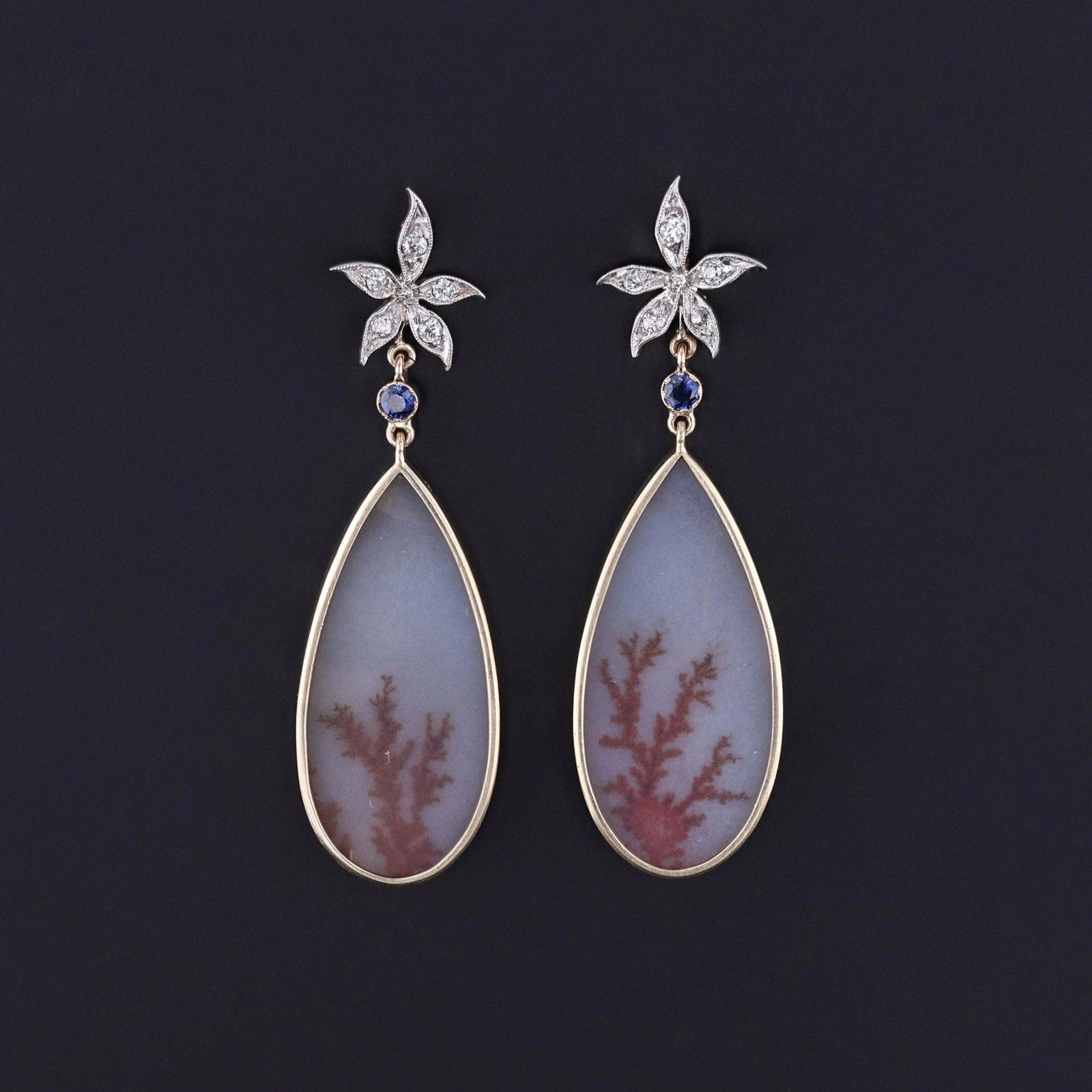 Dendritic Agate and Diamond Flower Earrings of 14k Gold - Trademark Antiques
