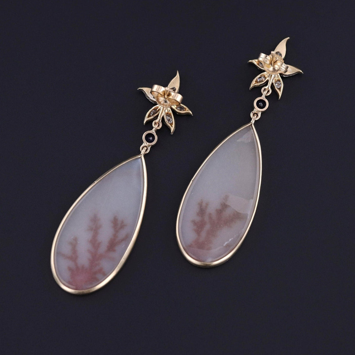 Dendritic Agate and Diamond Flower Earrings of 14k Gold - Trademark Antiques