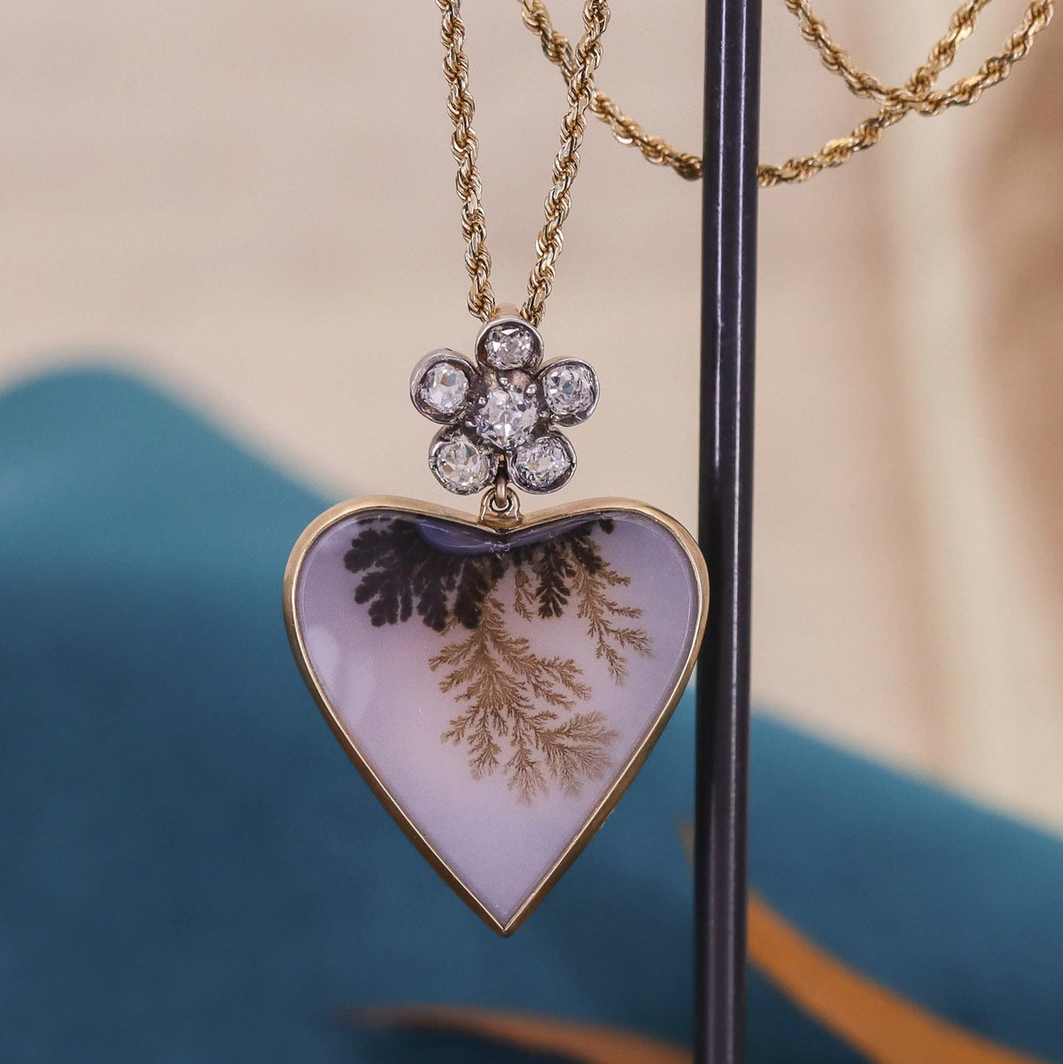 Dendritic Agate and Diamond Pendant of 14k Gold - Trademark Antiques