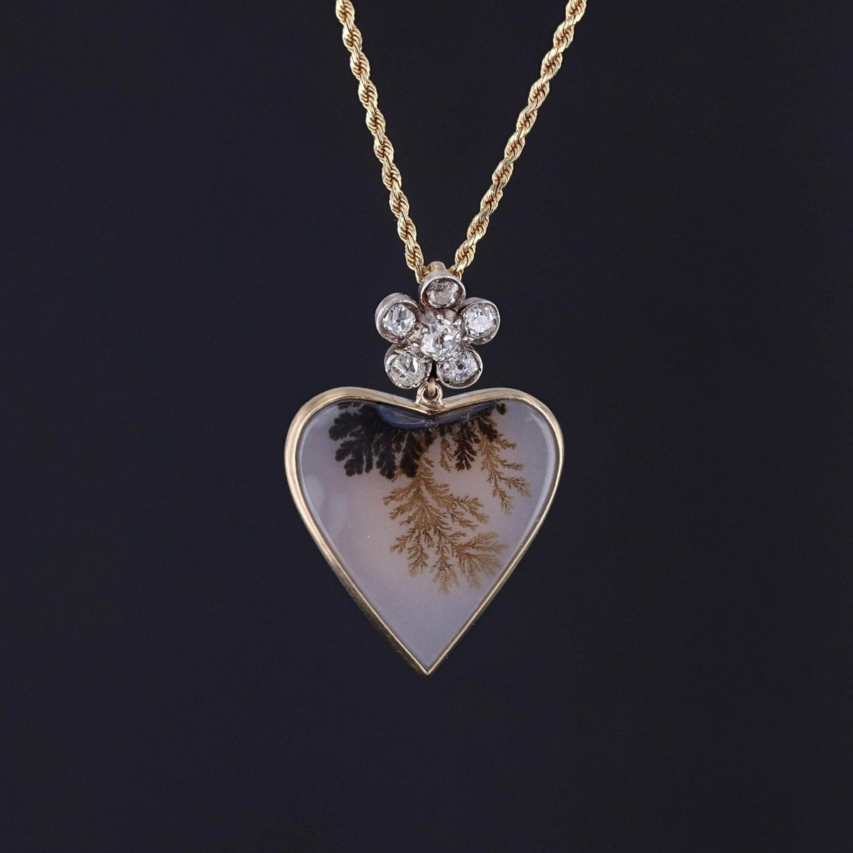Dendritic Agate and Diamond Pendant of 14k Gold - Trademark Antiques