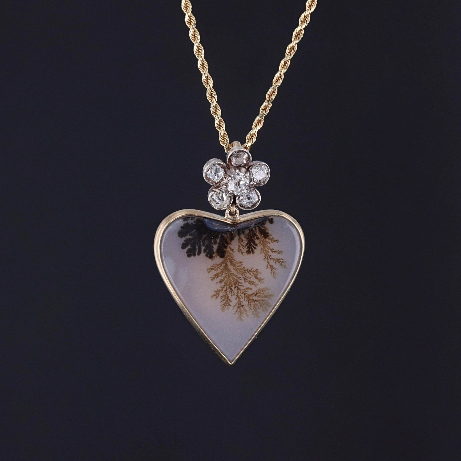 Dendritic Agate and Diamond Pendant of 14k Gold - Trademark Antiques