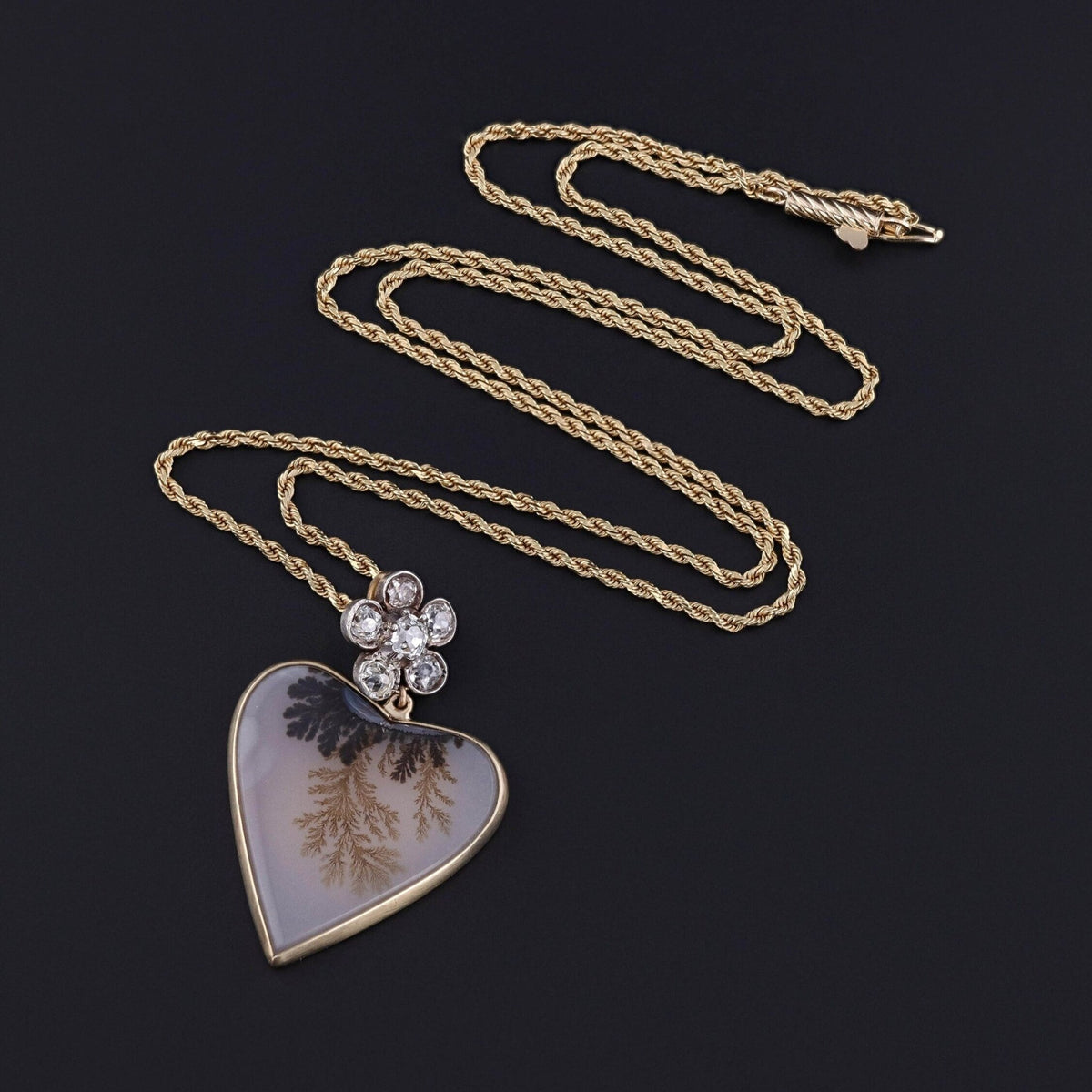 Dendritic Agate and Diamond Pendant of 14k Gold - Trademark Antiques