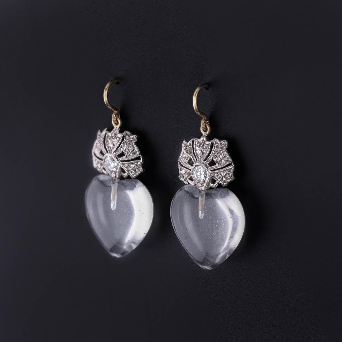 Diamond and Rock Crystal Heart Earrings - Trademark Antiques