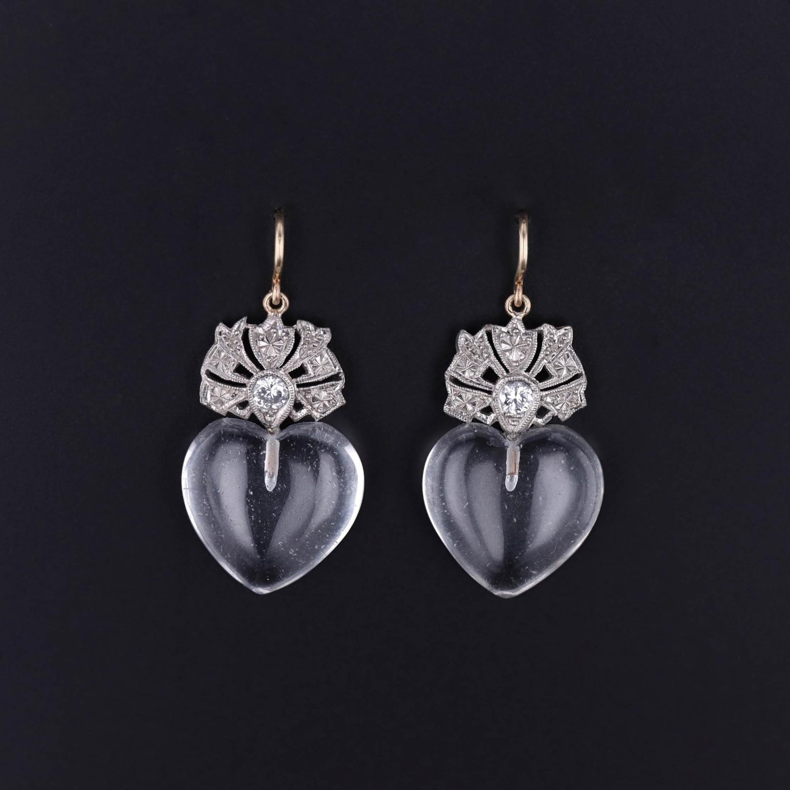 Diamond and Rock Crystal Heart Earrings - Trademark Antiques