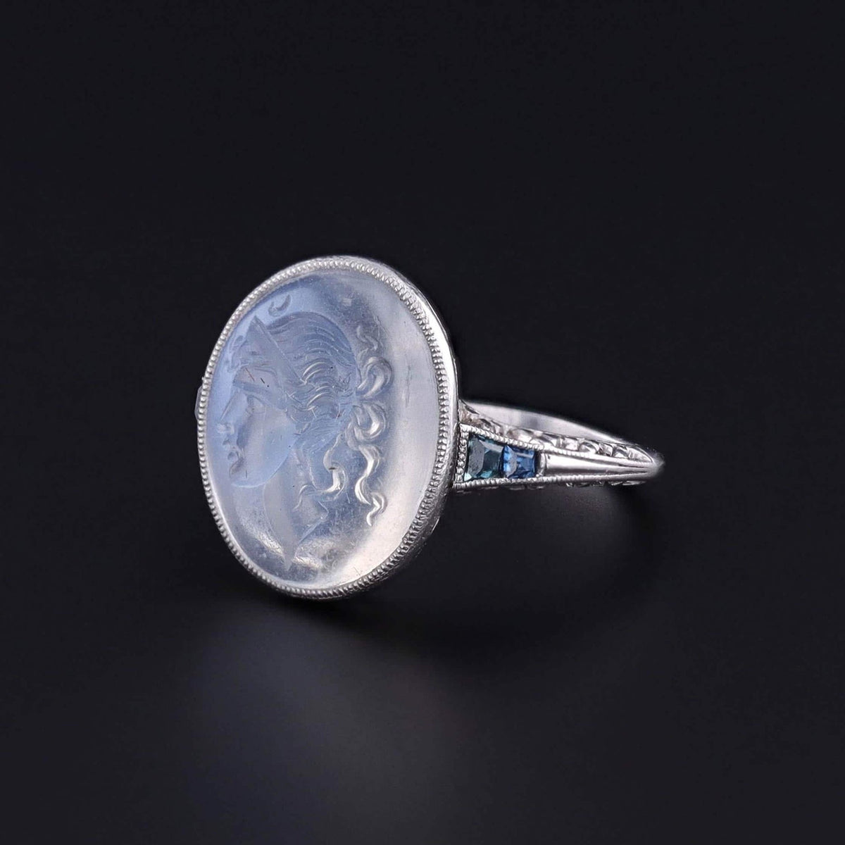 Edwardian Antique Moonstone Intaglio Ring of Platinum - Trademark Antiques