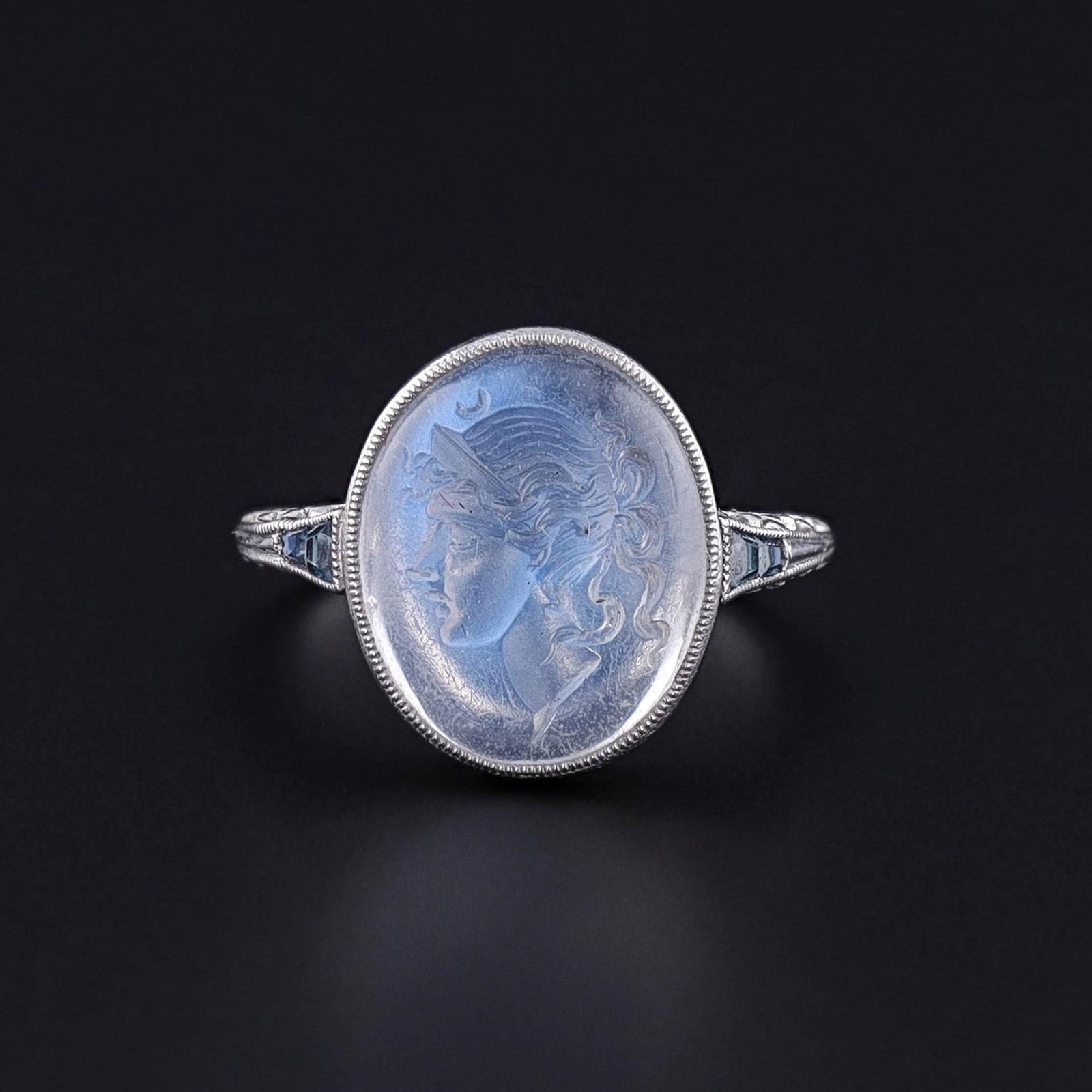 Edwardian Antique Moonstone Intaglio Ring of Platinum - Trademark Antiques