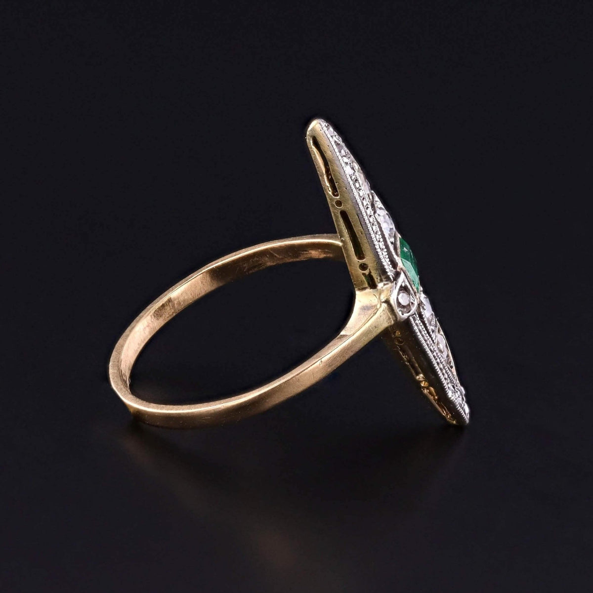 Edwardian Revival Emerald and Diamond Navette Ring of 18k Gold - Trademark Antiques