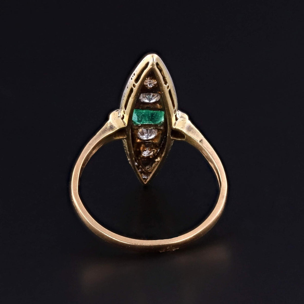 Edwardian Revival Emerald and Diamond Navette Ring of 18k Gold - Trademark Antiques
