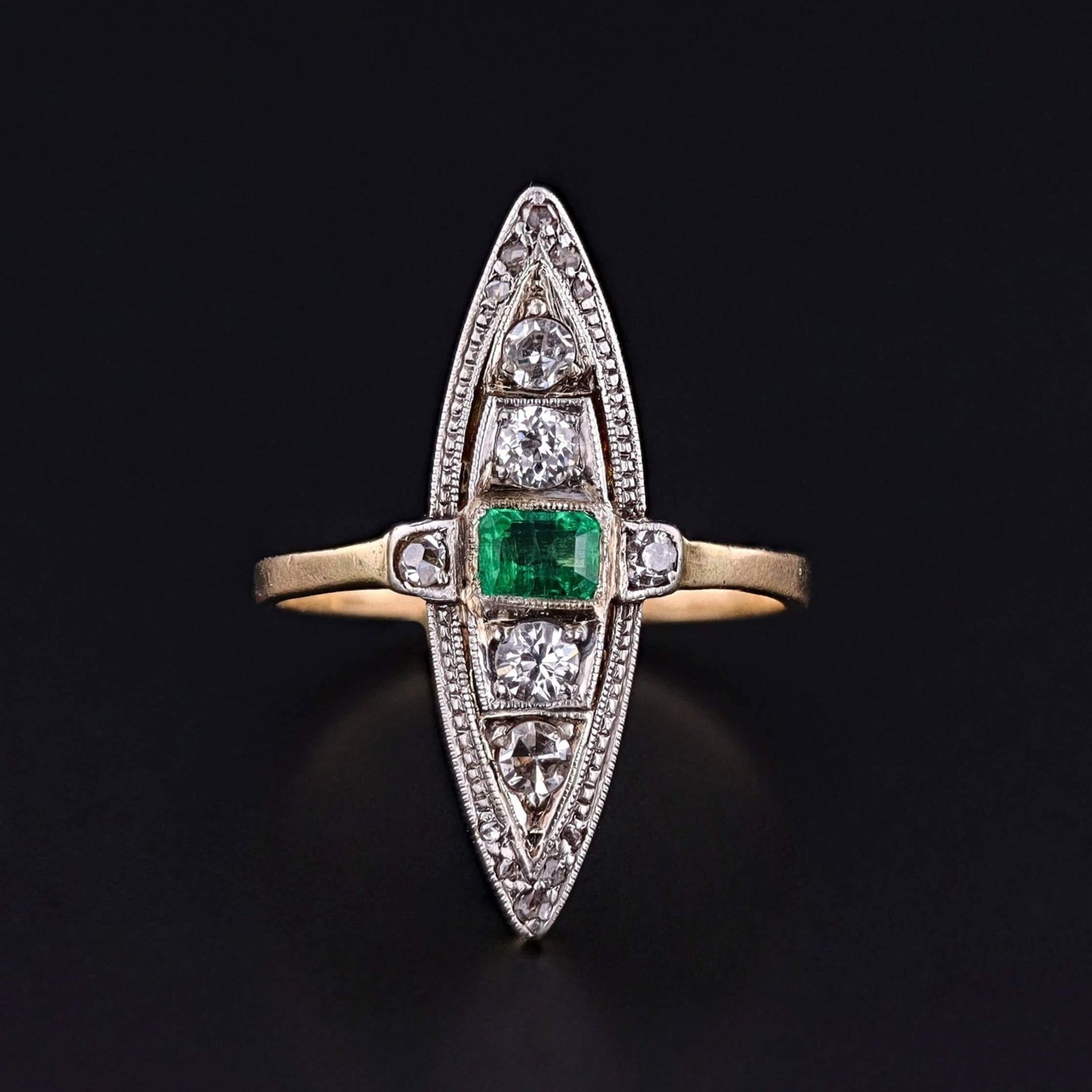 Edwardian Revival Emerald and Diamond Navette Ring of 18k Gold - Trademark Antiques