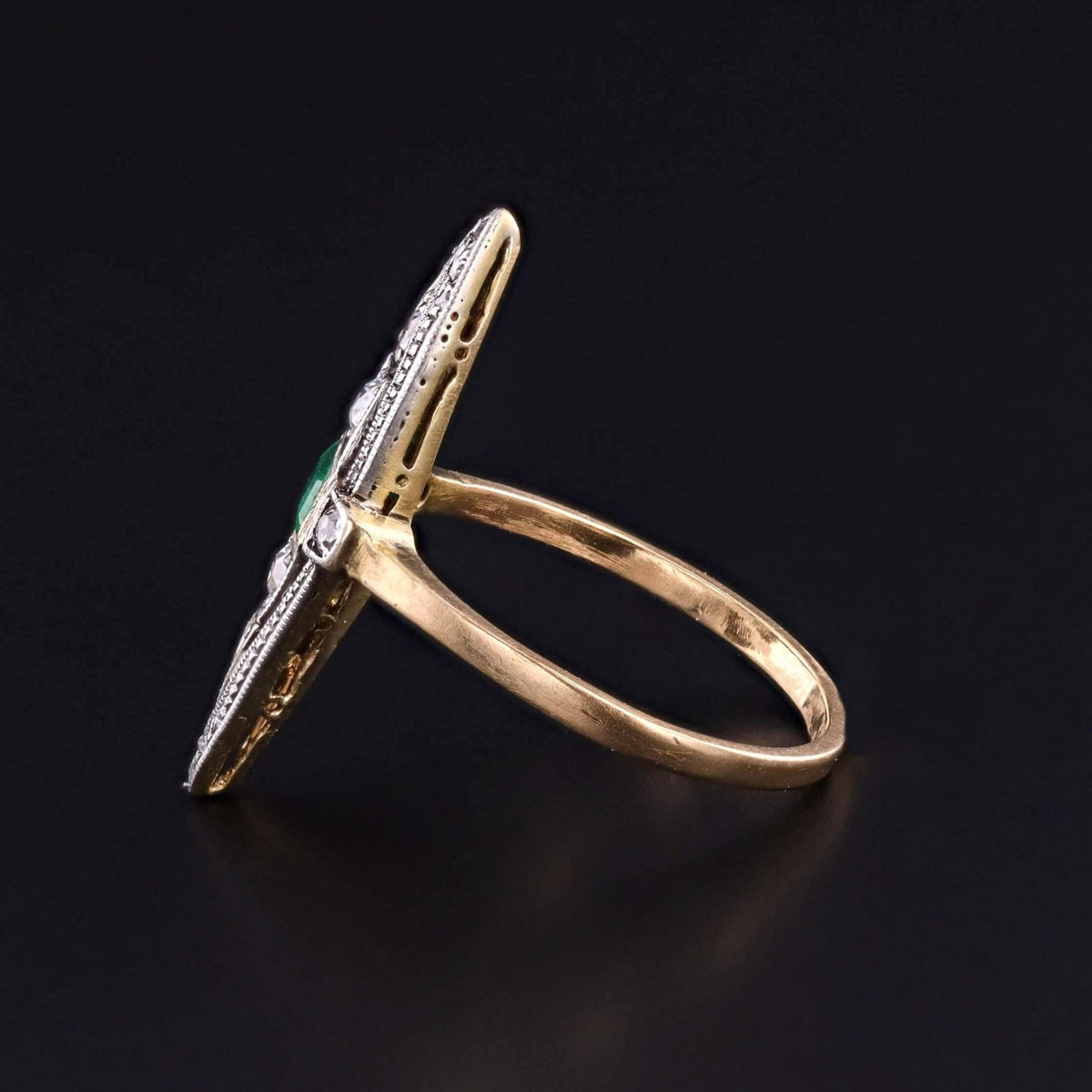 Edwardian Revival Emerald and Diamond Navette Ring of 18k Gold - Trademark Antiques