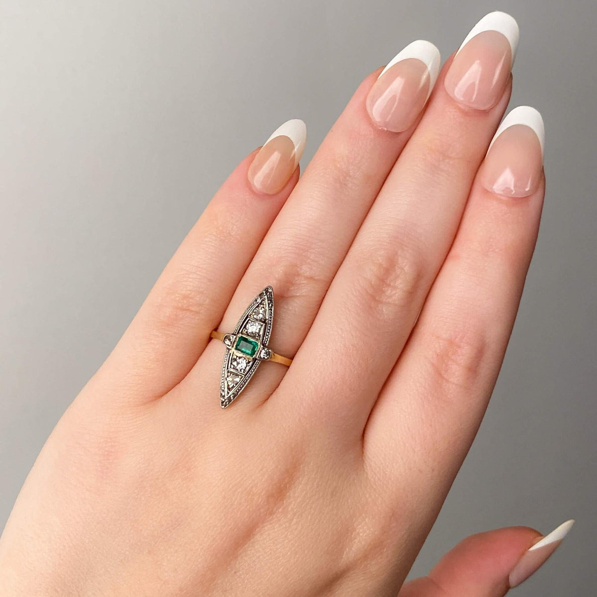 Edwardian Revival Emerald and Diamond Navette Ring of 18k Gold - Trademark Antiques