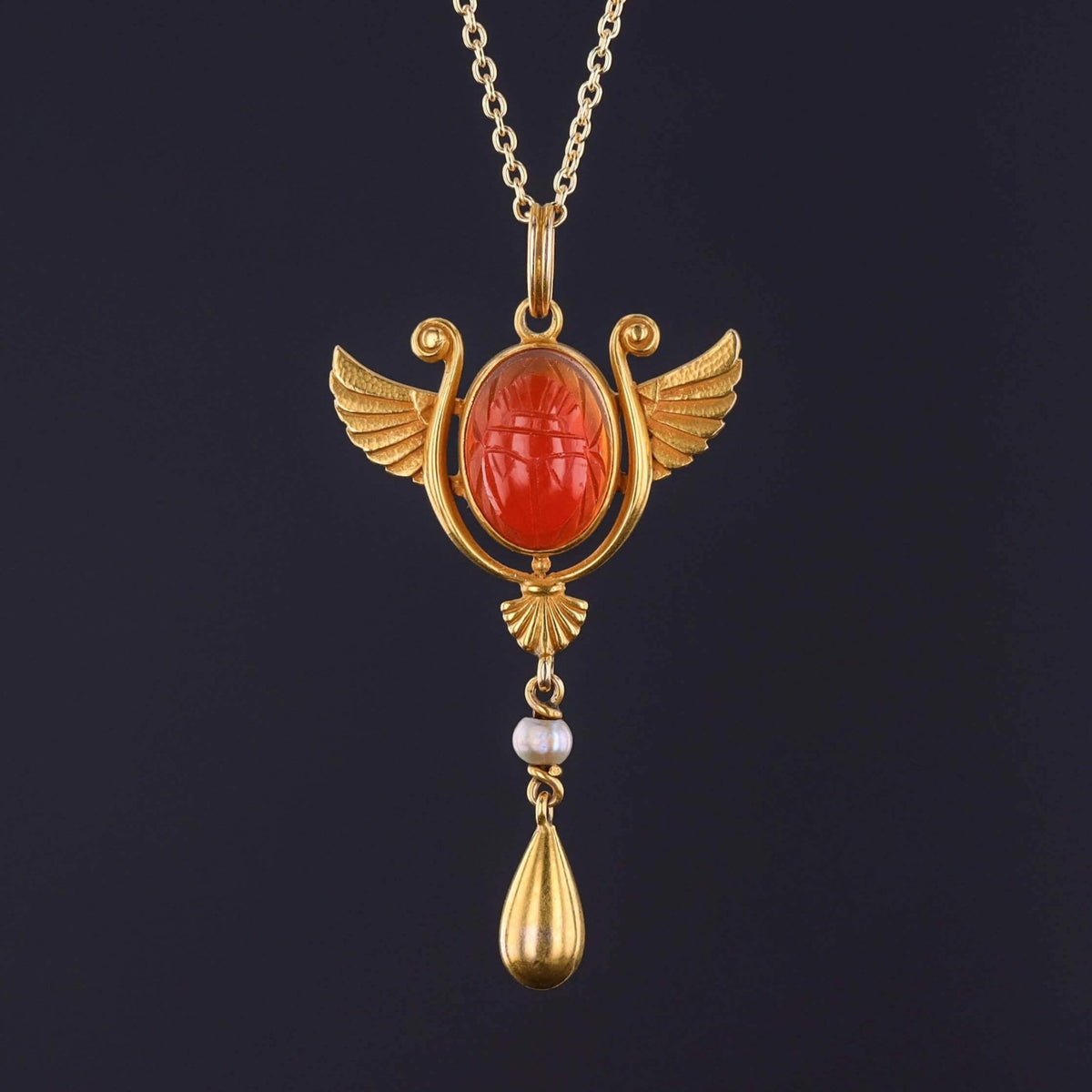 Egyptian Revival Scarab Necklace of 14k Gold - Trademark Antiques